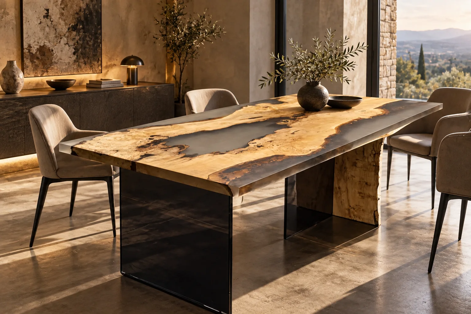 Tavolo ANIMA in legno e resina opaca ambientato in un interno contemporaneo