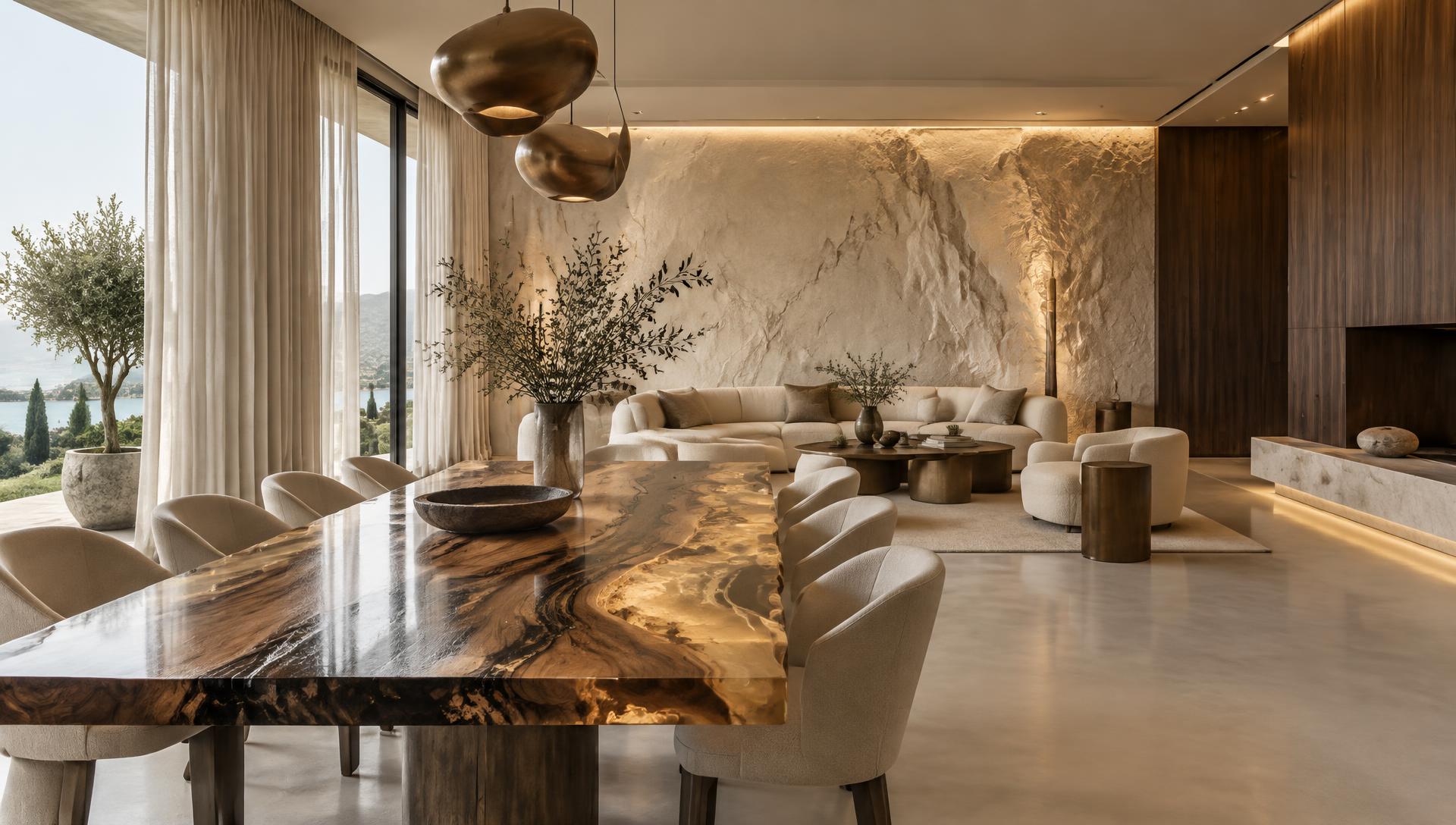 Tavolo in legno e resina in un ambiente contemporaneo con parete minerale